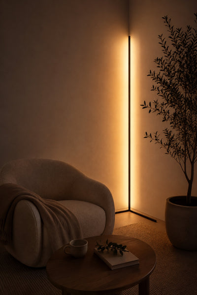 Golden Hour corner floor lamp washing a living room corner in warm light beside a boucle armchair