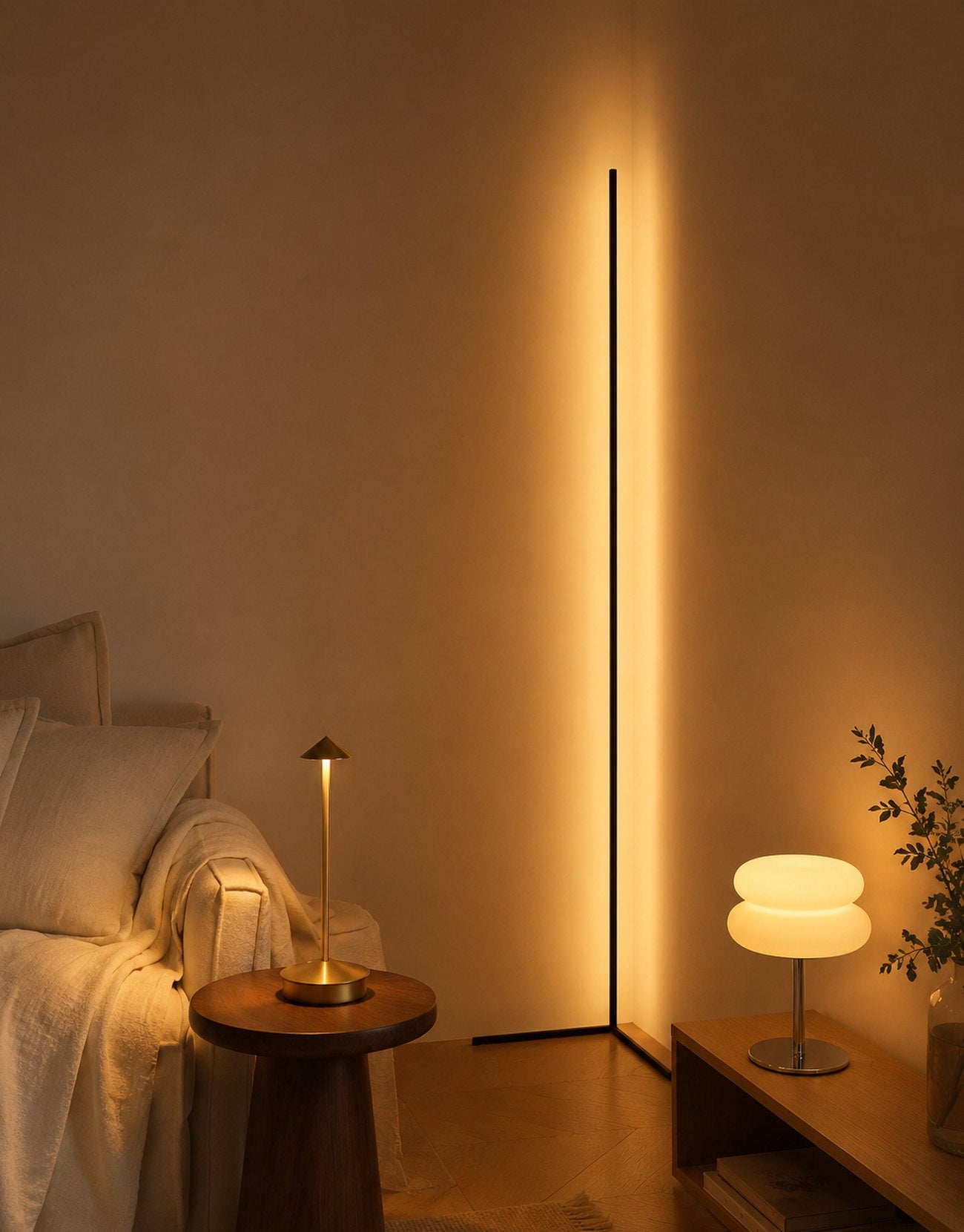 A living room lit only by the Whole-Room Glow set: Wren, Golden Hour and Mushroom