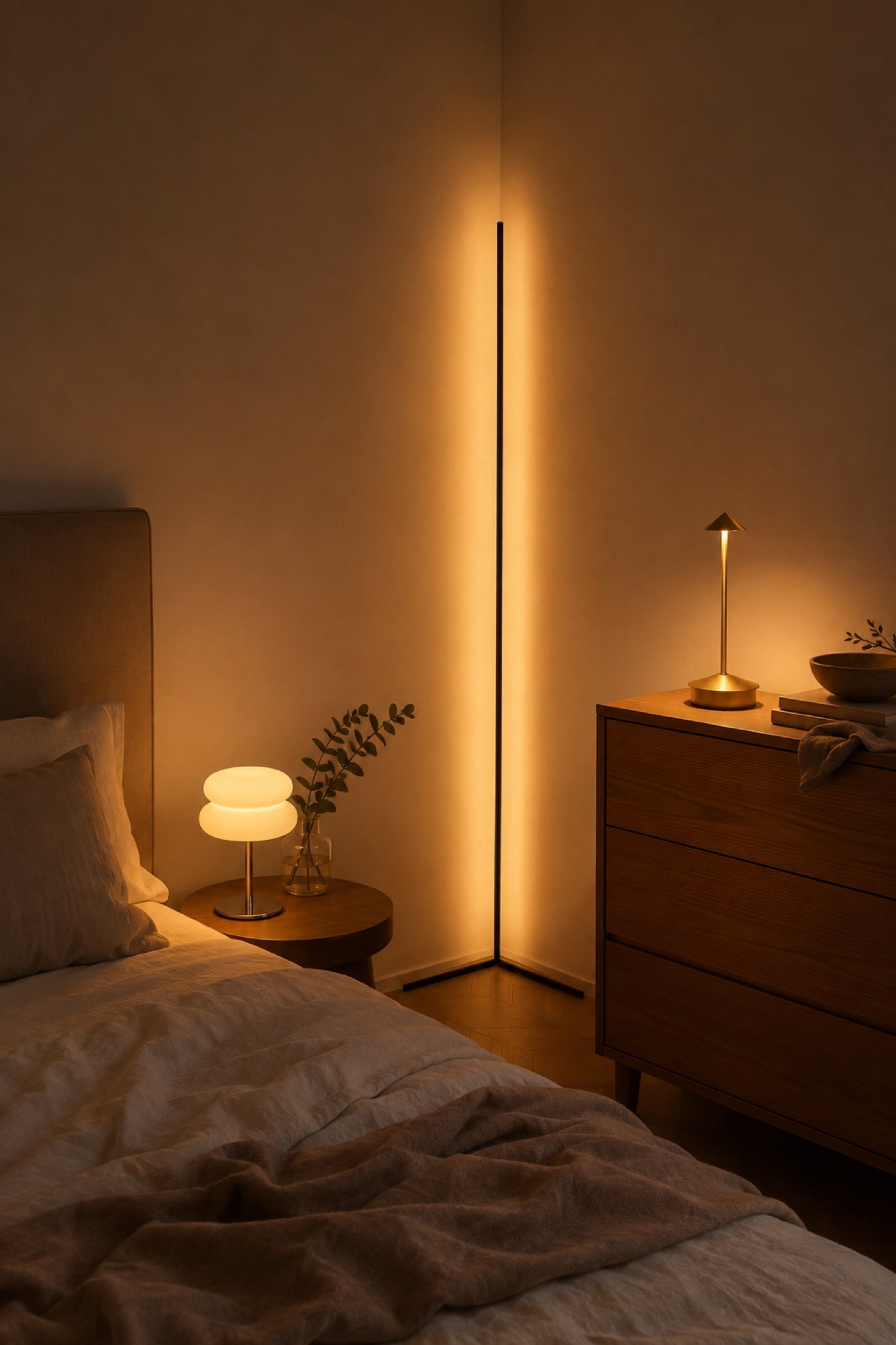 The Whole-Room Glow set lighting a bedroom with three layers of warm light