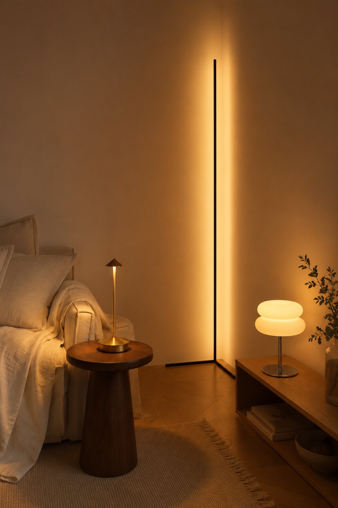 The Whole-Room Glow set lighting a living room: Wren on side table, Golden Hour in corner, Mushroom on shelf