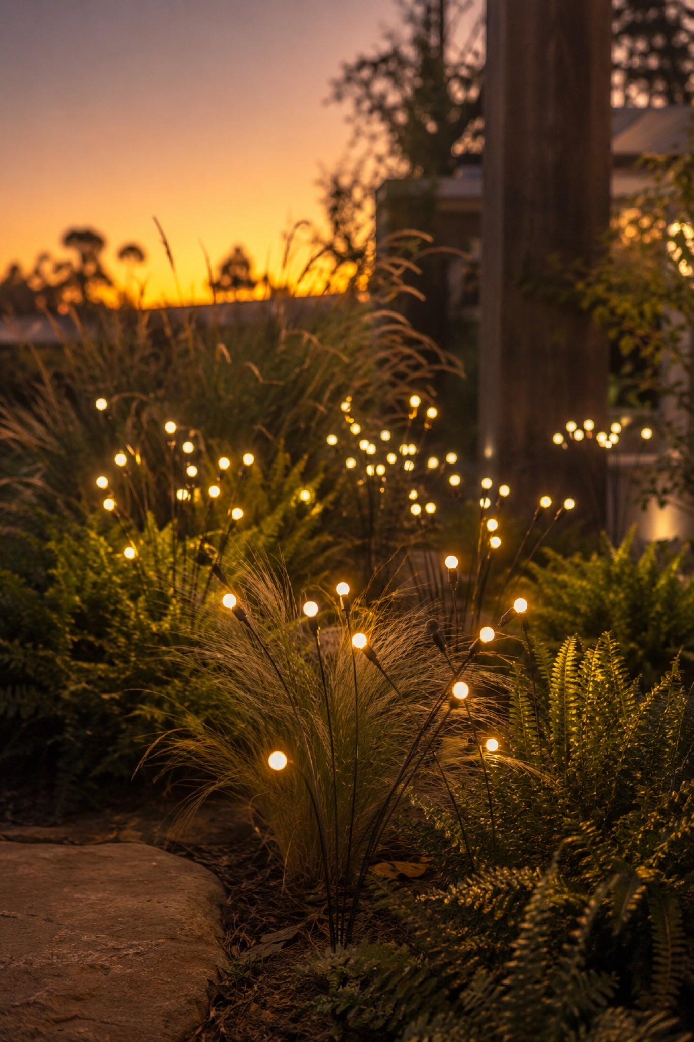 Firefly solar lights swaying among garden grasses and ferns at dusk