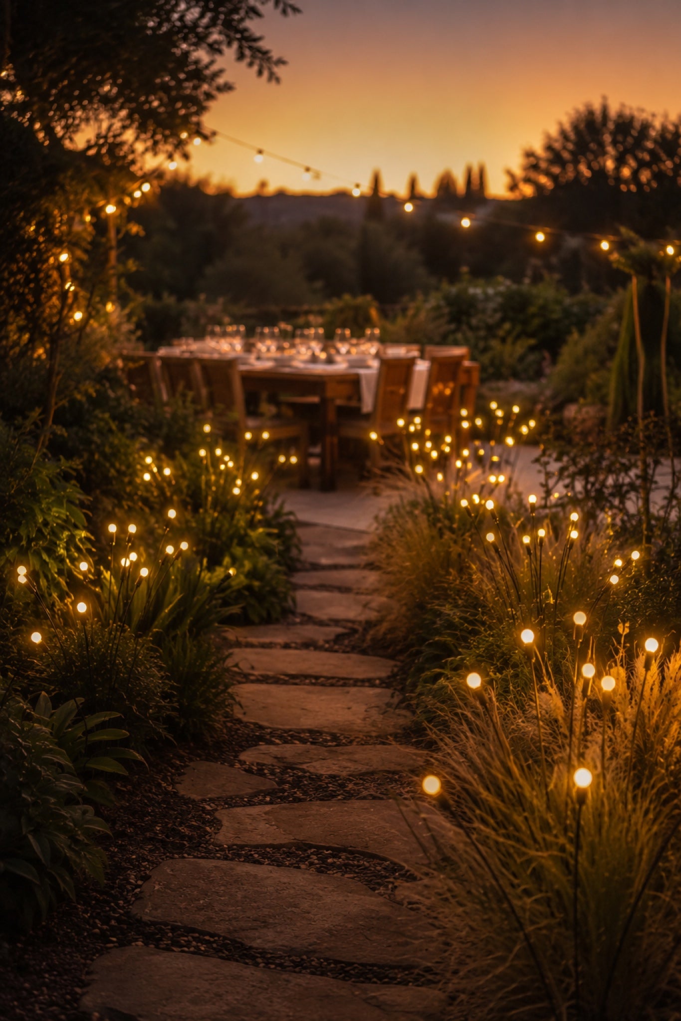 Firefly lights lining a garden path leading to a summer dinner table at dusk