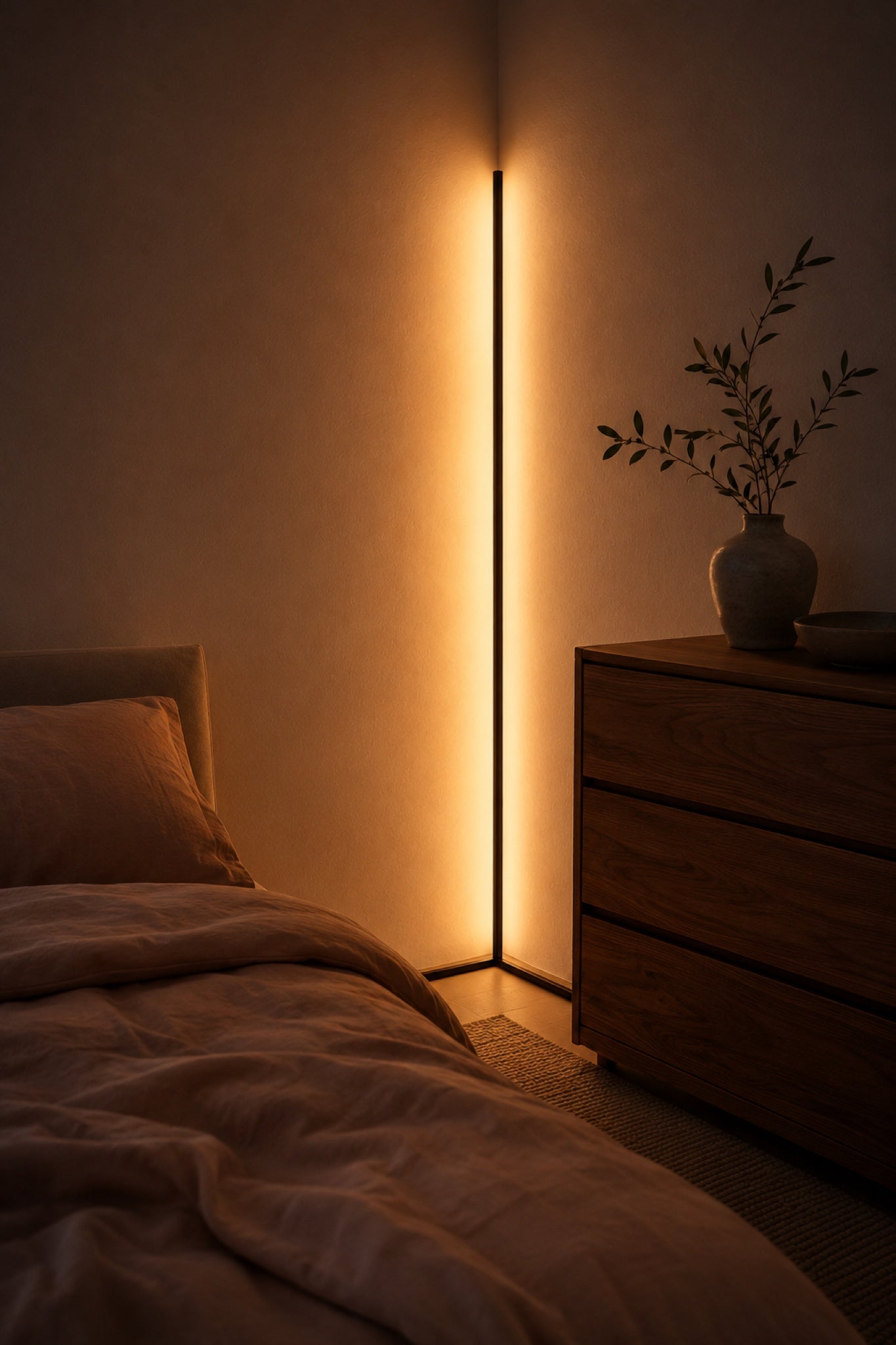 Golden Hour corner lamp glowing beside a walnut dresser in a bedroom at night