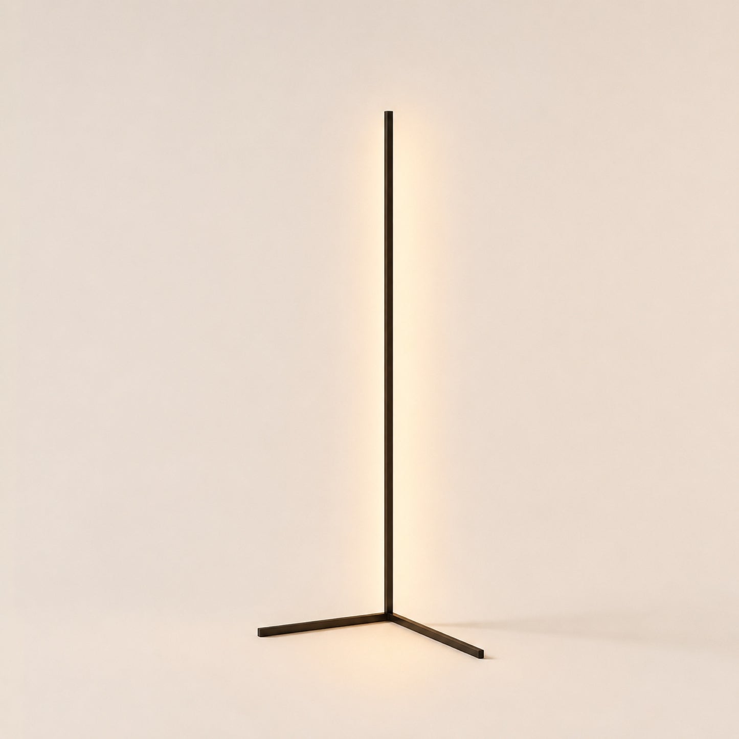Golden Hour corner floor lamp lit on warm porcelain studio background