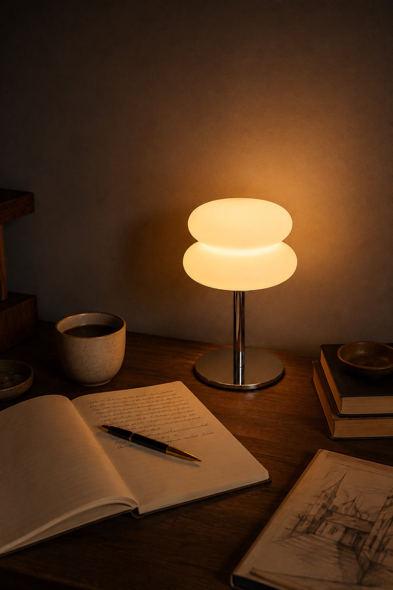 The Mushroom lamp lighting a writer's desk with an open notebook at night