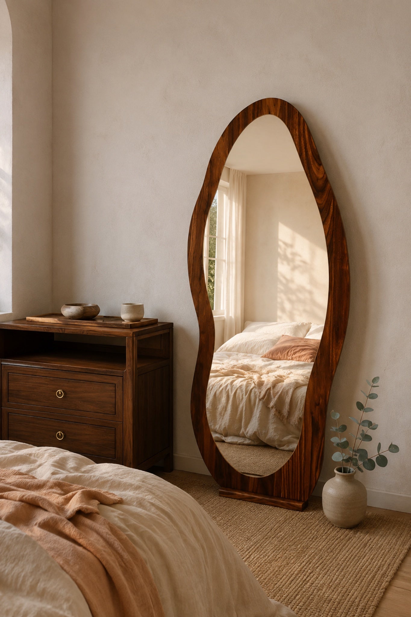 The Wave wavy walnut full-length mirror leaning against a limewash wall in golden morning light