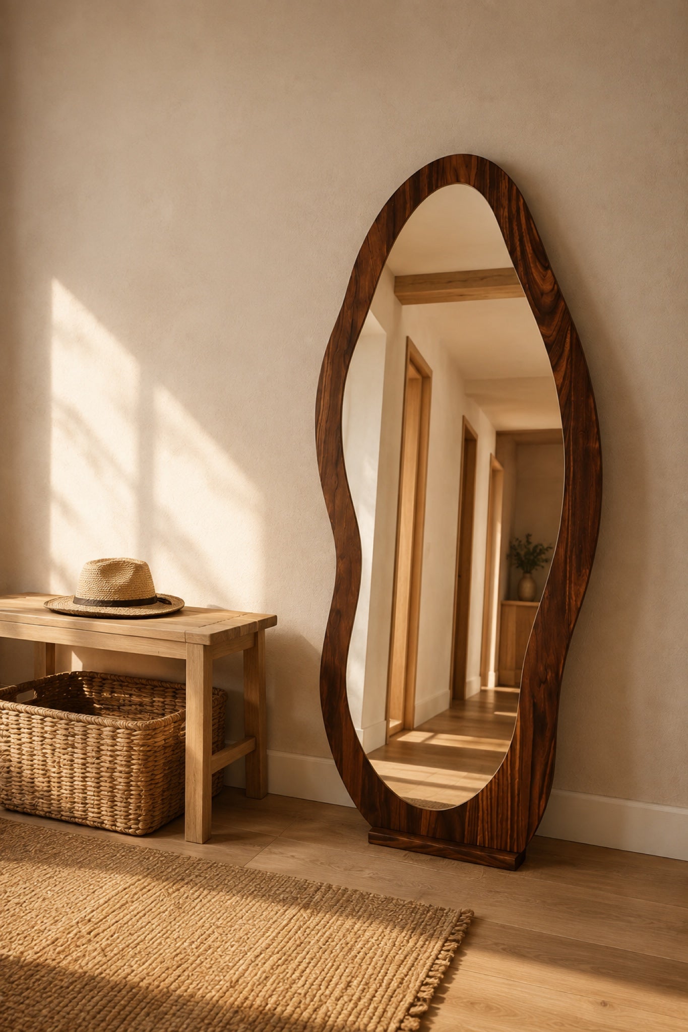 The Wave mirror in a warm entryway with oak bench, rattan basket and straw hat