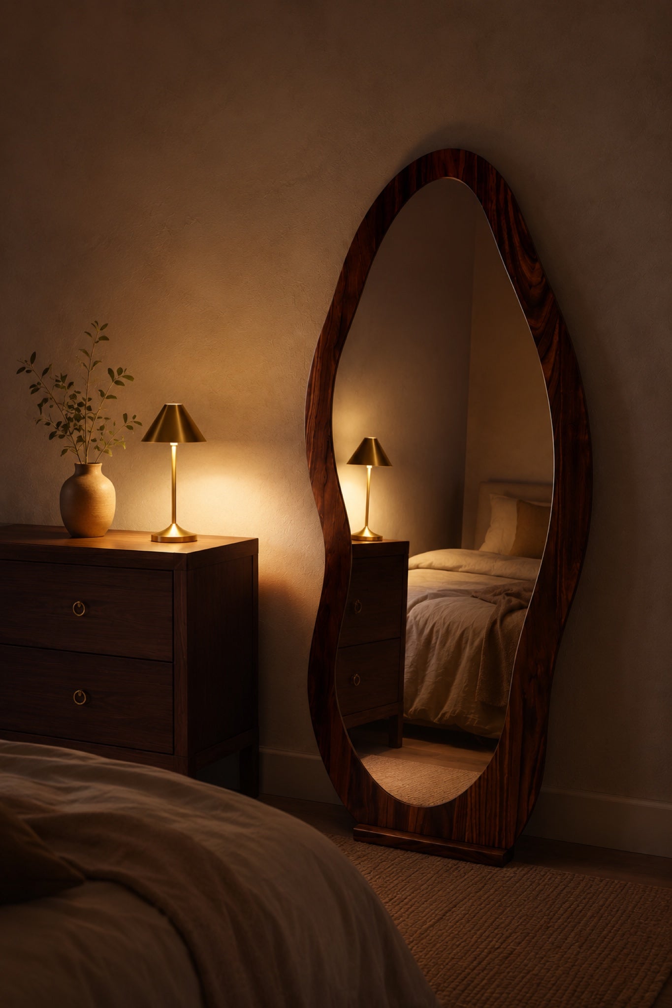 The Wave mirror at night reflecting the warm glow of a Wren brass lamp