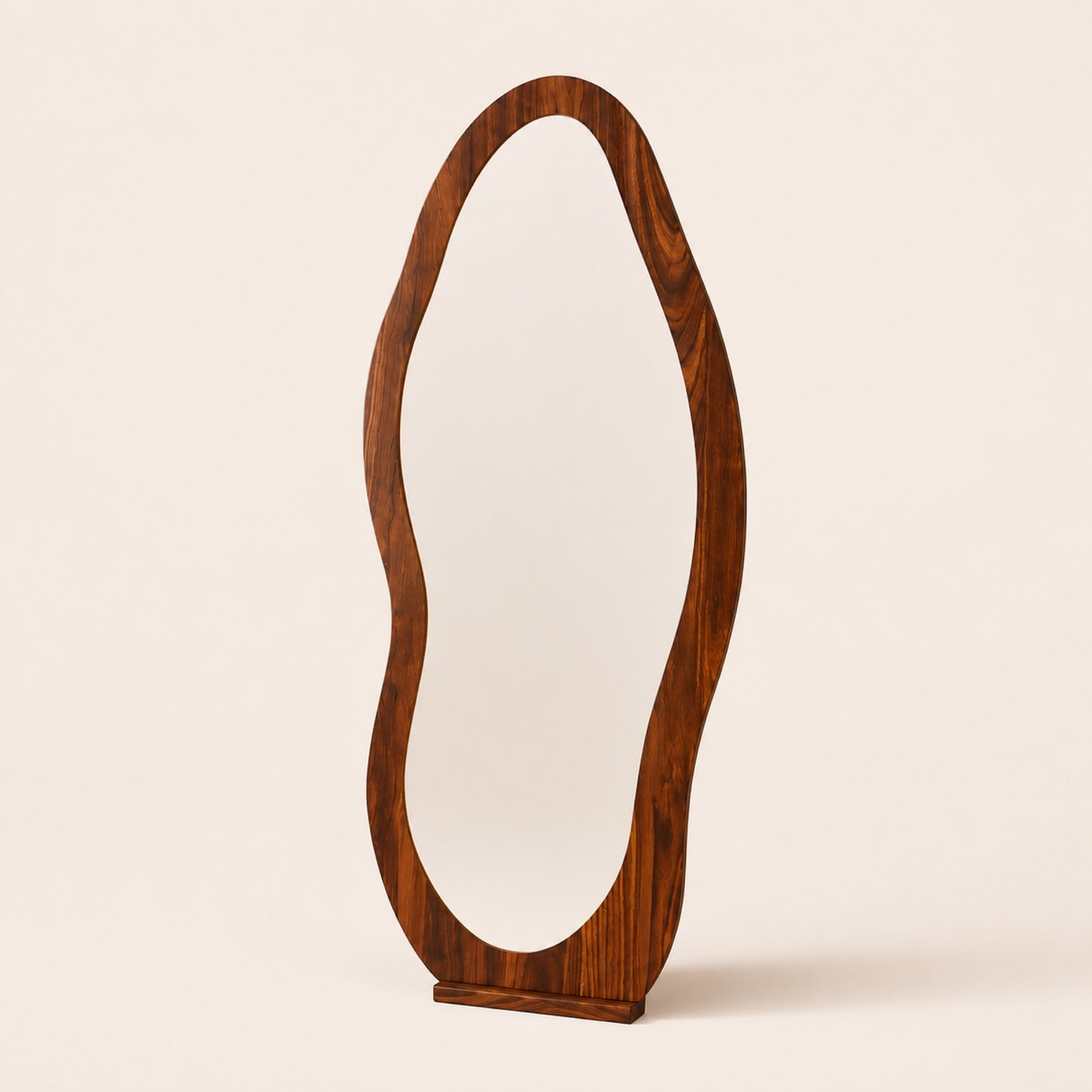 The Wave wavy walnut full-length mirror on warm porcelain studio background