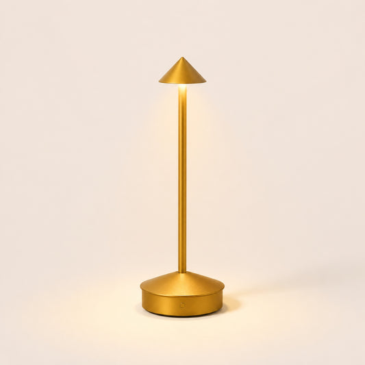 The Wren cordless table lamp in Brass Gold, lit, on warm porcelain background